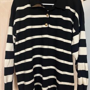 Black and White Striped Long Sleeve Polo Shirt
